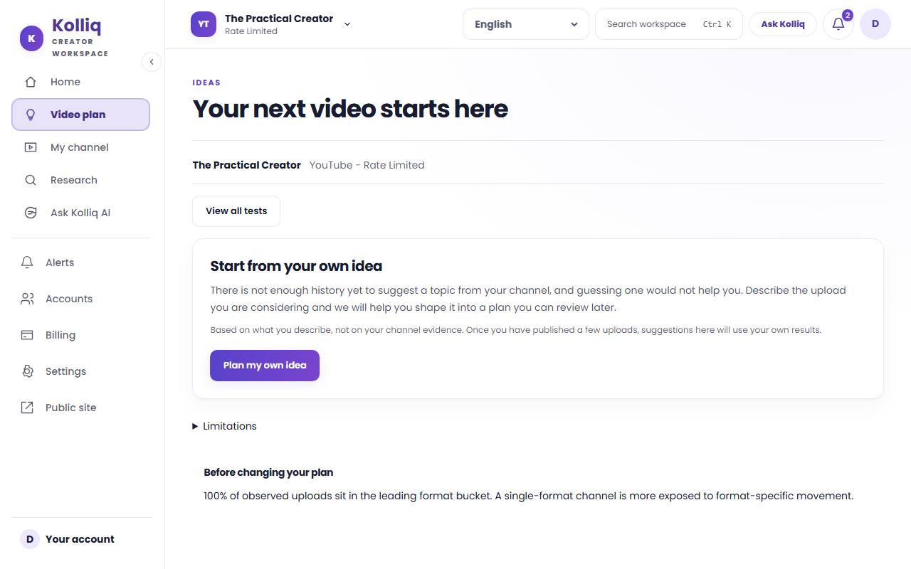 Kolliq topic and idea screen, using sample data